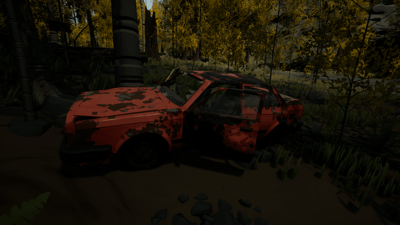 A red Honeypot Anomaly, which looks like any other abandoned car except with all of its doors and panels intact.