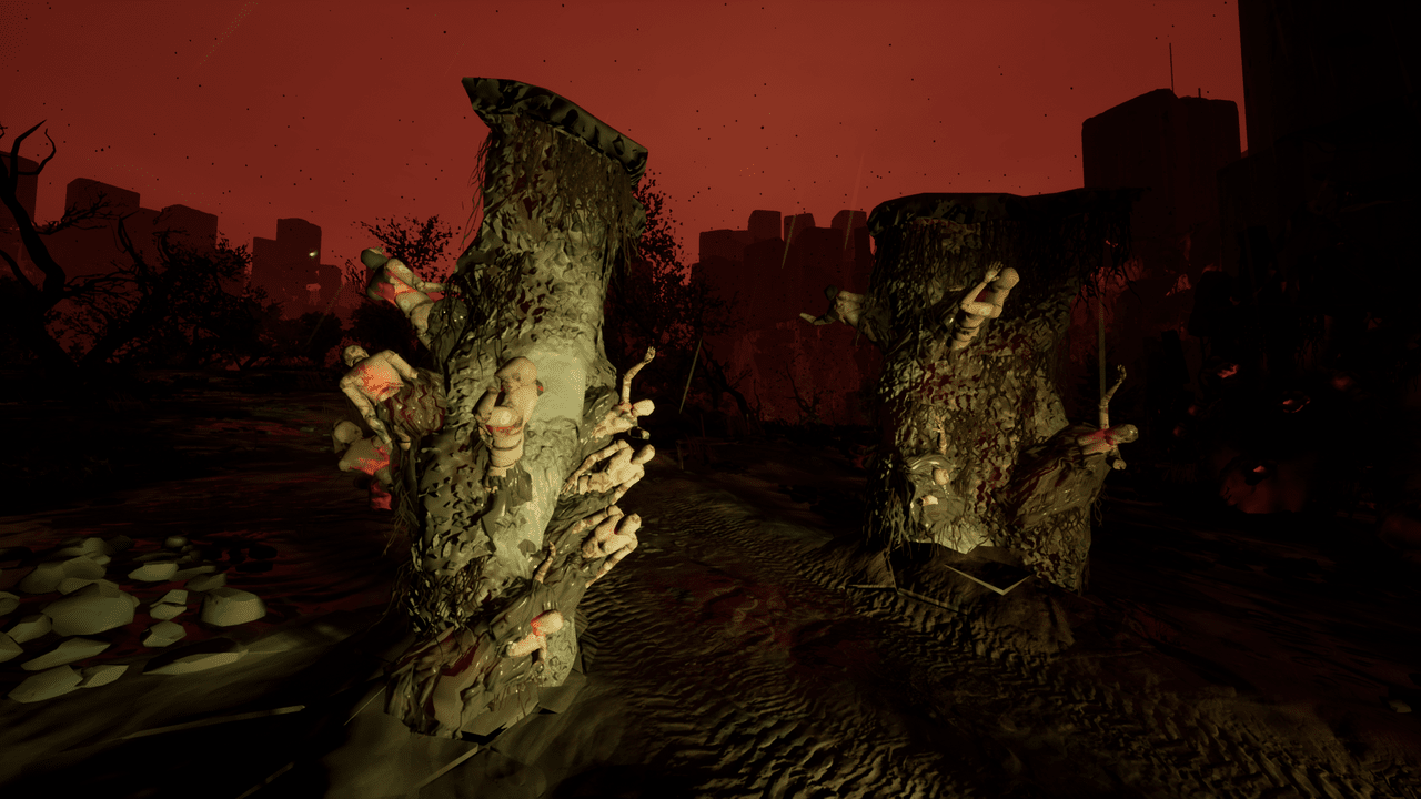 Two Tourist Trap anomalies, tall rock formations sticking out of the ground with Tourists (mannequin-like anomalies) embedded in them