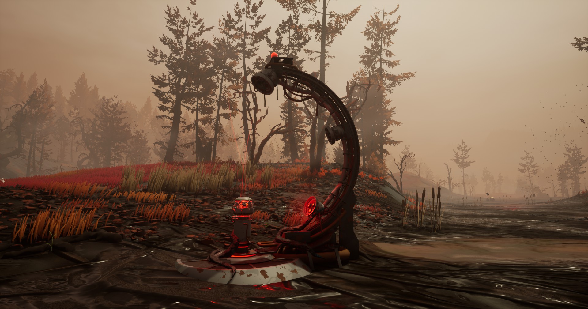 A structure with a pedestal and single arm arcing above a shifting red orb. A red column of light emits from the orb. Some vines are growing on the structure.