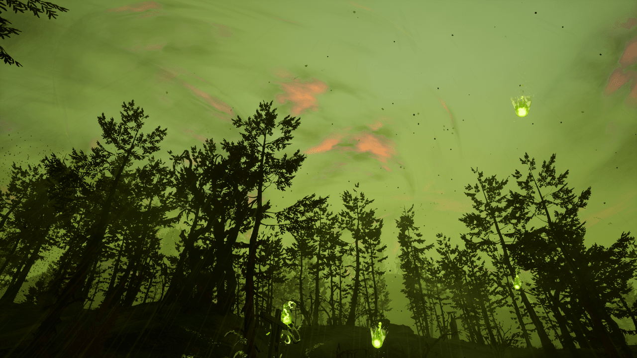 The sky during a Corrosive Squall, which is green and stormy. Green sludge rains down from the sky.