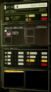 Junction Summary, viewed in the Route Planner, for a simple, early game, Non-Exit Junction the player is likely to encounter. The Anomalies have been redacted to prevent spoilers.